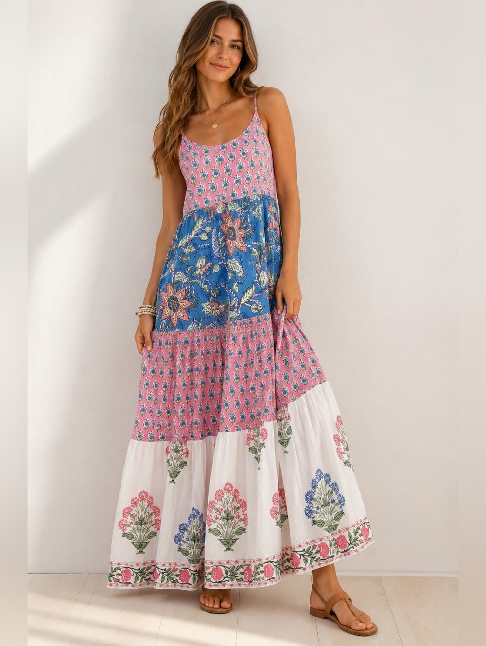 Mary Marshmallow 100% Cotton Boho Patchwork Floral Tiered Maxi Dress Medium
